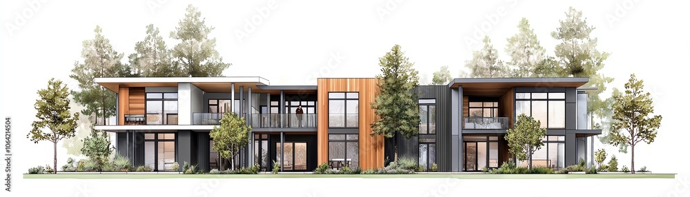 Modern architectural design of a two-story building with large windows and natural surroundings. Contemporary style and sleek exterior. Modern architectural design of a two-story building with large windows and natural surroundings. Contemporary style and sleek exterior.