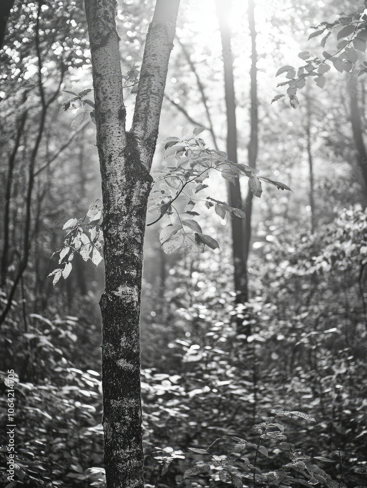 Fototapeta premium Dappled Sunlight Through Tree Trunks in a Wooded Forest