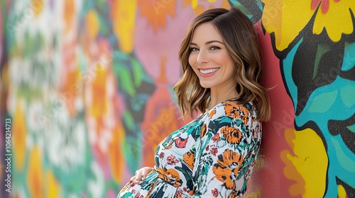 Beautiful Mother with Floral Dress near Colorful Wall