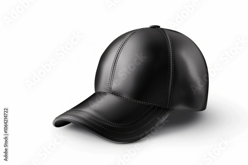 Black leather baseball cap with visible stitching, isolated on white background, product shot