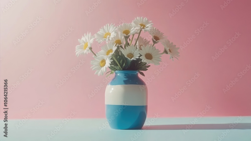 Bright Daisies in a Colorful Vase on a Soft Background Bright Daisies in a Colorful Vase on a Soft Background