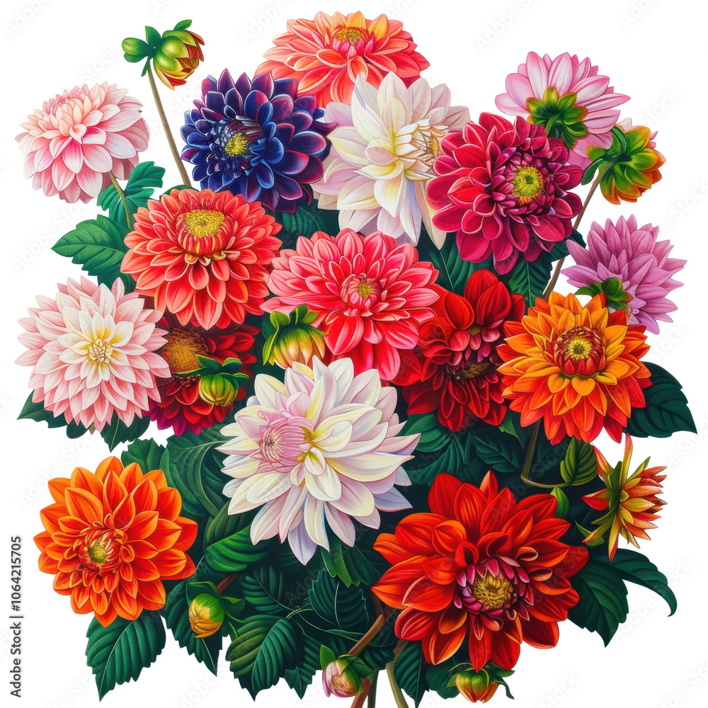 vibrant bouquet of colorful flowers featuring dahlias in various shades, showcasing their intricate petals and lush green leaves, creating lively and cheerful atmosphere vibrant bouquet of colorful flowers featuring dahlias in various shades, showcasing their intricate petals and lush green leaves, creating lively and cheerful atmosphere