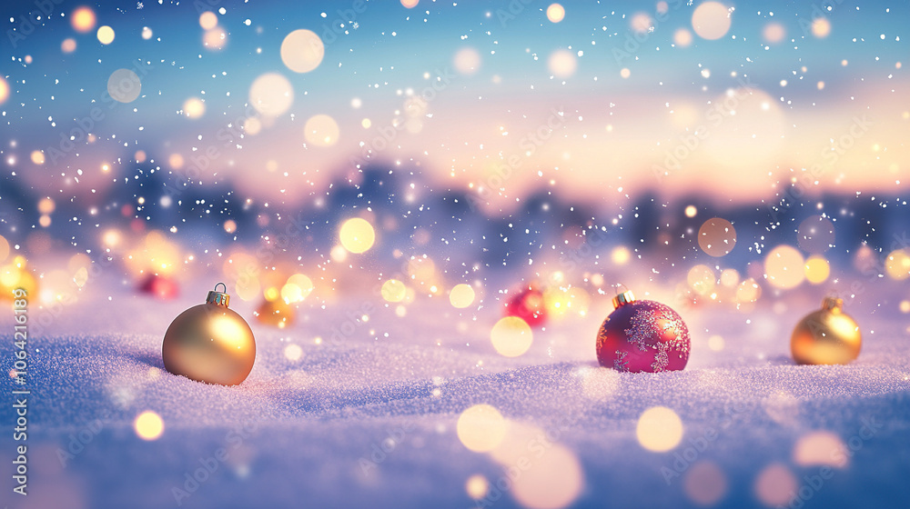 Naklejka premium Beautiful Christmas background with snow and bokeh lights. Snowy landscape with blurred colorful balls, golden ornaments