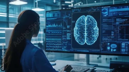 Woman Analyzing Brain Data on a Modern Computer Screen