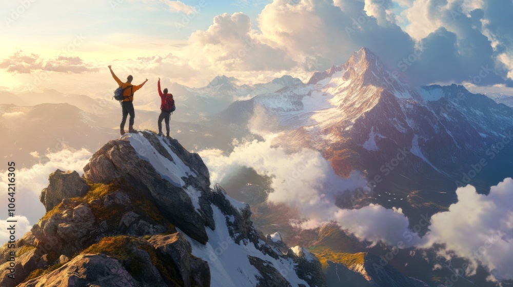 Obraz premium Hikers reaching the top of a mountain and celebrating together