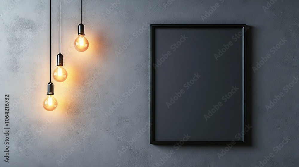 A cluster of bulbs dangling from gray wall beside framed black picture on wall A cluster of bulbs dangling from gray wall beside framed black picture on wall