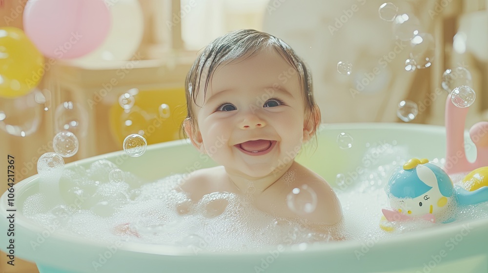 Happy Baby Playing in Bubble Bath with Toys Happy Baby Playing in Bubble Bath with Toys