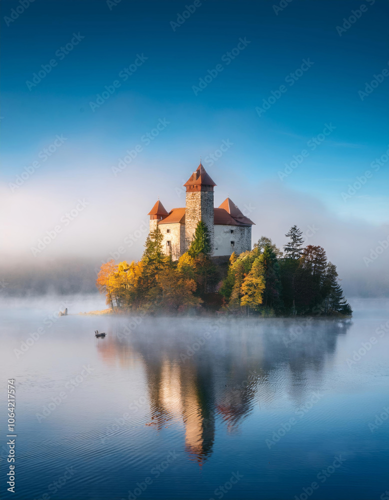 Obraz premium Château avec un grand donjon sur une île avec ses reflets sur l'eau dans le brouillard
