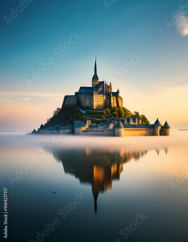 Dessin du Mont St Michel et sa cité fortifiée sur une île en effet miroir avec des reflets sur l'eau photo