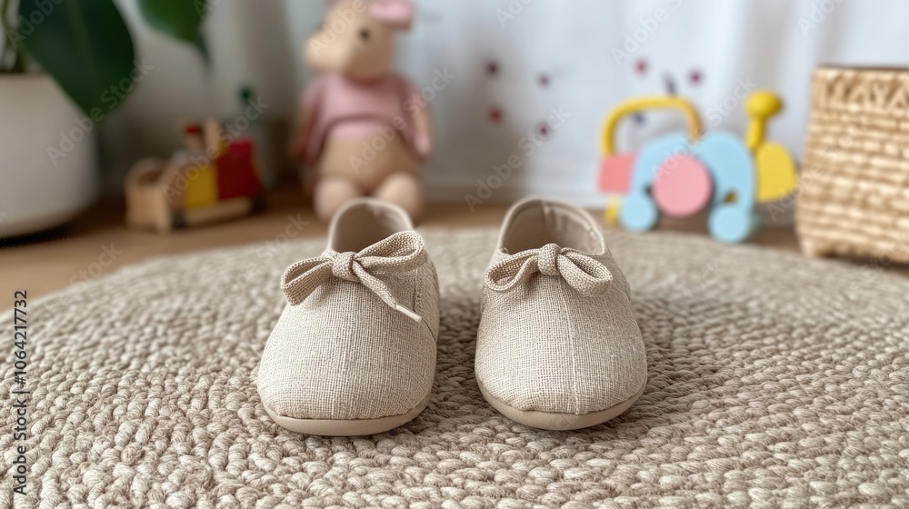 Cute Baby Shoes on Soft Rug with Toys in Background Cute Baby Shoes on Soft Rug with Toys in Background