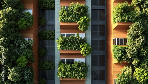 Vertical garden on modern building facade showcasing sustainable architecture and green living with lush plants and natural aesthetics.