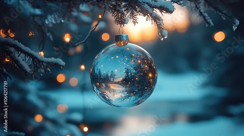 Sparkling Christmas Ornament on Snowy Tree Branch