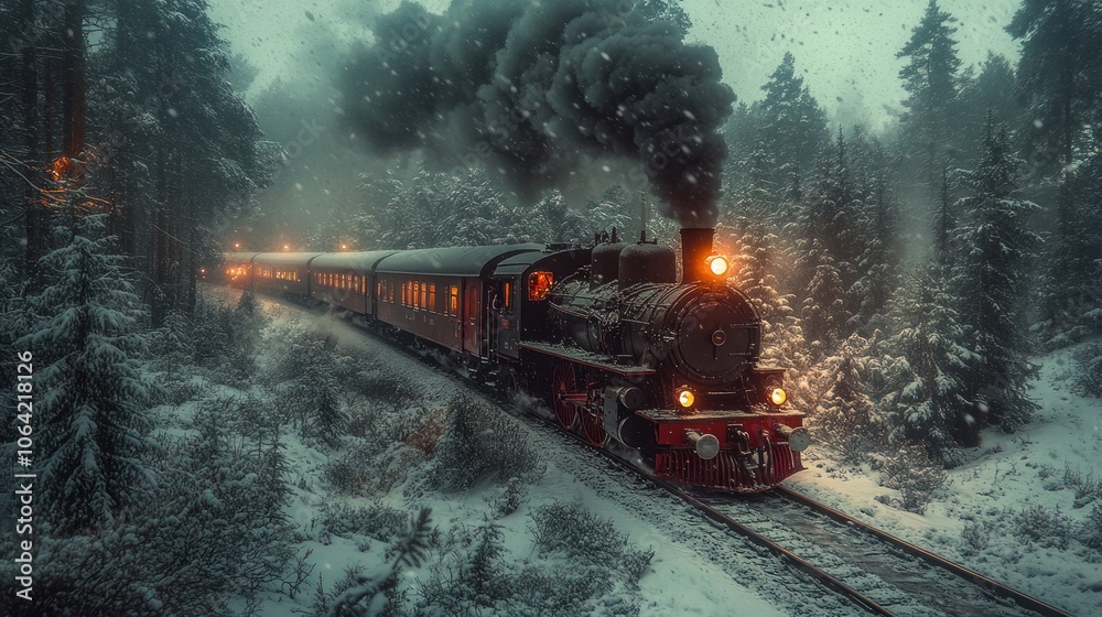 A steam train chugs through a snowy forest, its smoke billowing into the air. The trees are covered in snow and the light from the train's headlights illuminates the tracks ahead. A steam train chugs through a snowy forest, its smoke billowing into the air. The trees are covered in snow and the light from the train's headlights illuminates the tracks ahead.