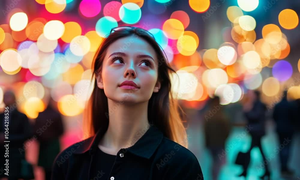 Young woman with long blonde hair looking up with a city night lights bokeh in the background. Young woman with long blonde hair looking up with a city night lights bokeh in the background.