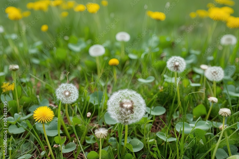 Serene Grass Patch Featuring Clover and Dandelions in Natural Setting Serene Grass Patch Featuring Clover and Dandelions in Natural Setting
