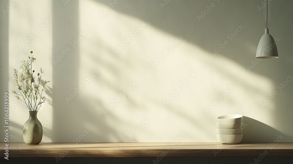 A vase sits on a table beside a flower-filled vase Light illuminates the wall behind it A vase sits on a table beside a flower-filled vase Light illuminates the wall behind it