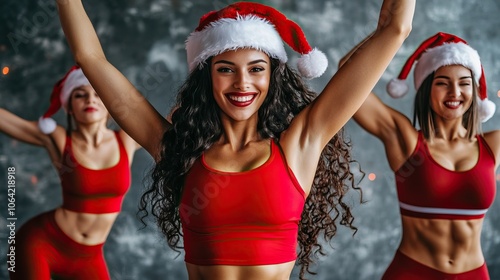 Energetic women in santa hats performing zumba dance moves at a festive fitness class concept