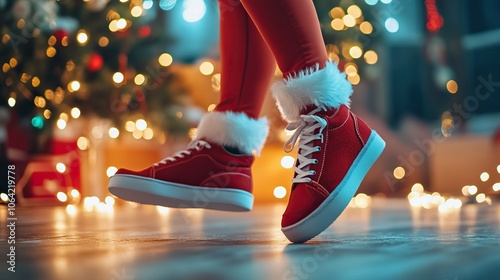 Festive dance steps in holiday-themed sneakers with christmas lights in background for a celebration concept