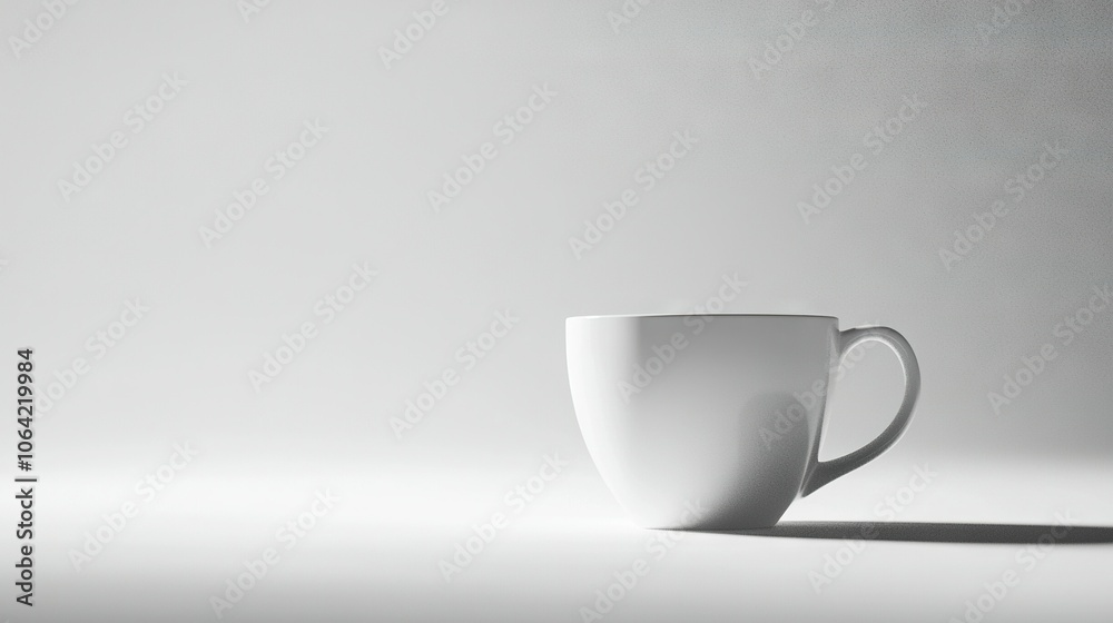 A white coffee cup sits atop a white table, beside a black-and-white feline portrait A white coffee cup sits atop a white table, beside a black-and-white feline portrait