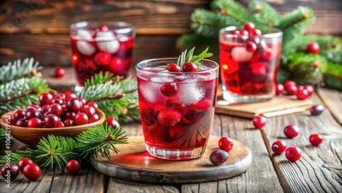 Chilled cranberry soda with fresh cranberries and ice on a holiday table, festive, refreshing, drink, beverage, cranberry, soda