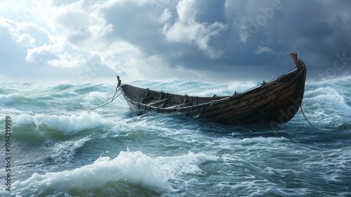 An abandoned wooden boat struggles against rough ocean waves under a stormy sky, showcasing natureâ€™s power and maritime challenges..