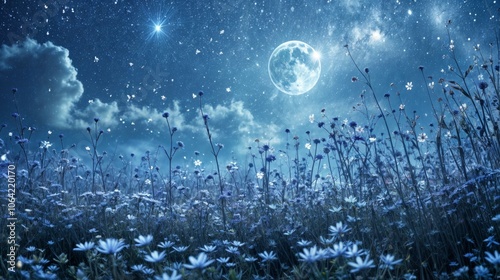 A dreamy night scene featuring a field of wildflowers under a starry sky, with a bright full moon illuminating the landscape..
