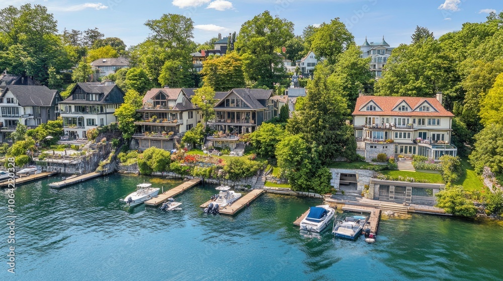 Fototapeta premium Serene Lakeside Homes Surrounded by Nature