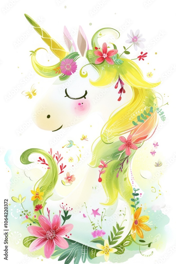 Fototapeta premium Colorful illustration of a unicorn with a floral mane, featuring a dreamy and magical design with vibrant flowers and butterflies..
