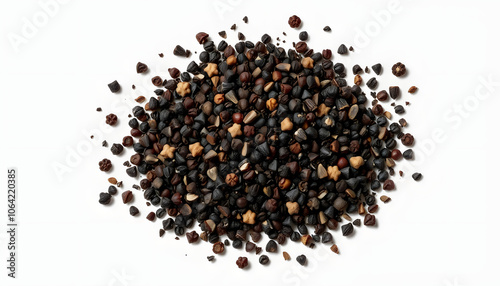 minced black pepper, ground peppercorn pile isolated on white, top view, macro isolated with white shades, png