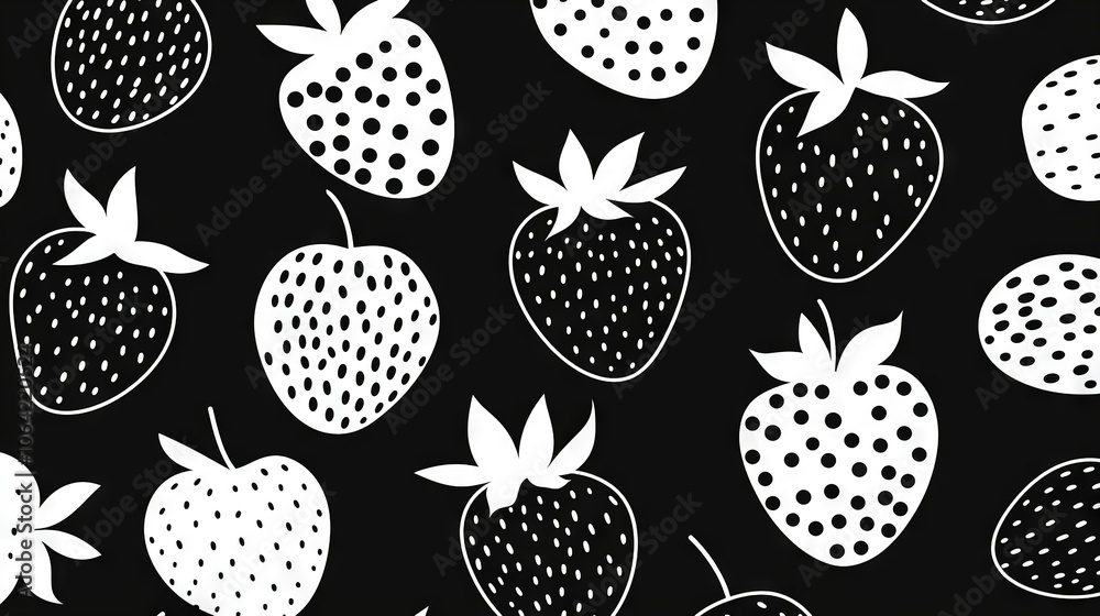 Black and white pattern of strawberries on black background, featuring a white outline of a strawberry on the left side of the image Black and white pattern of strawberries on black background, featuring a white outline of a strawberry on the left side of the image