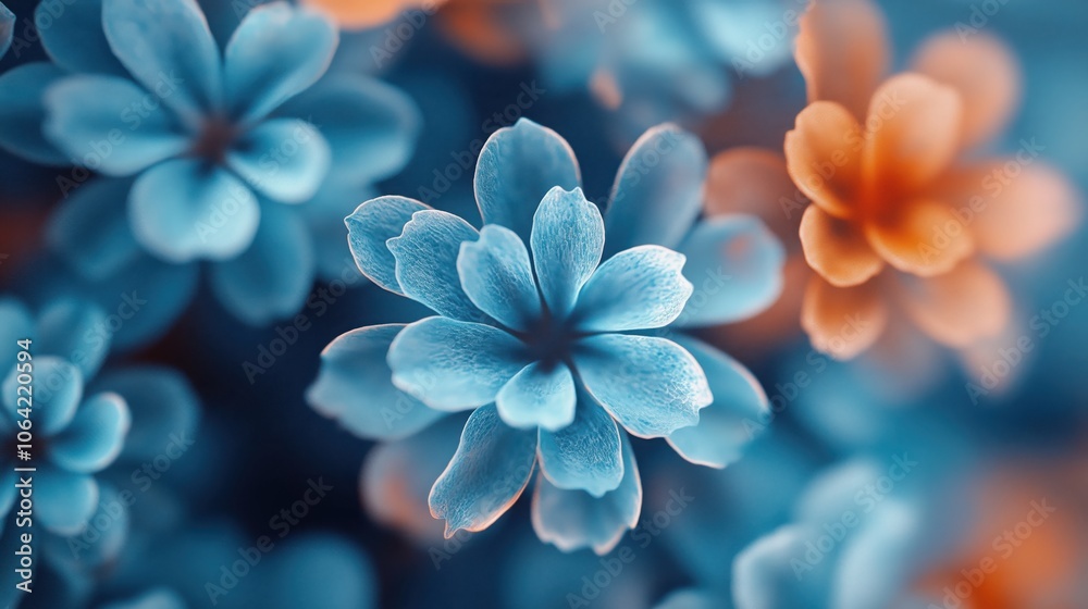 Soft Focus Close up Portrait of Delicate Blue and Orange Floral Blossoms with Vibrant Petals Against a Moody Textured Background Creating a Calm Serene and Ethereal Atmosphere Soft Focus Close up Portrait of Delicate Blue and Orange Floral Blossoms with Vibrant Petals Against a Moody Textured Background Creating a Calm Serene and Ethereal Atmosphere