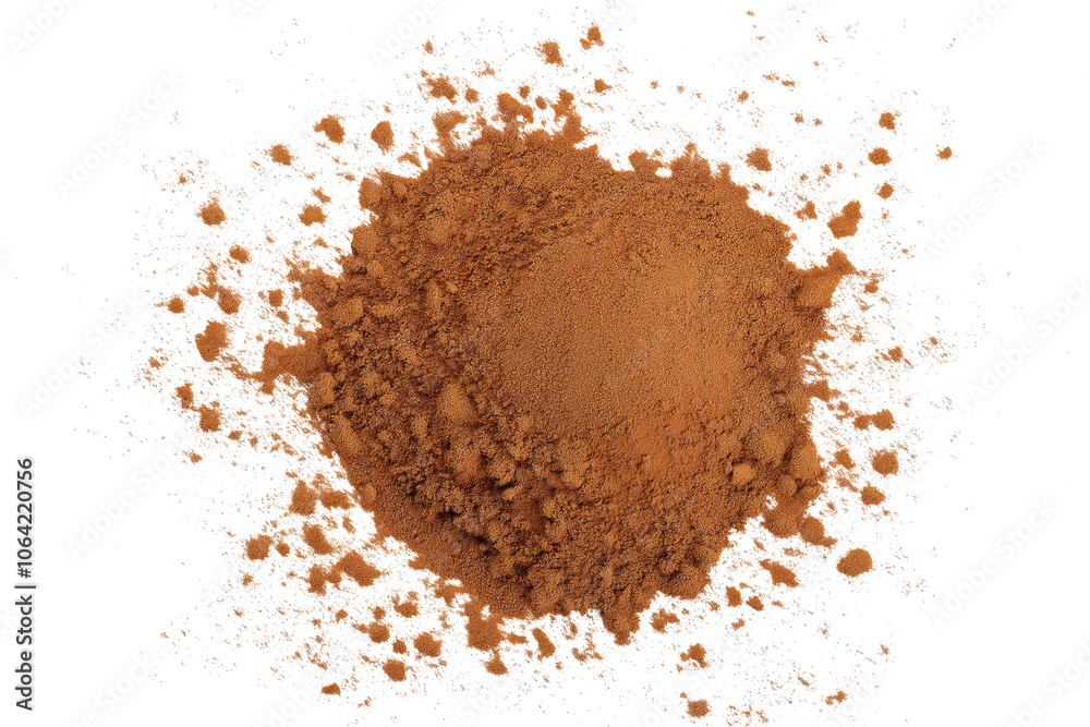 Close-up view of small, round brown powder speckled with black dots on isolated transparent background. Powder has uniform color and texture. Aroma and scent of spice Alpha mask. Close-up view of small, round brown powder speckled with black dots on isolated transparent background. Powder has uniform color and texture. Aroma and scent of spice Alpha mask.