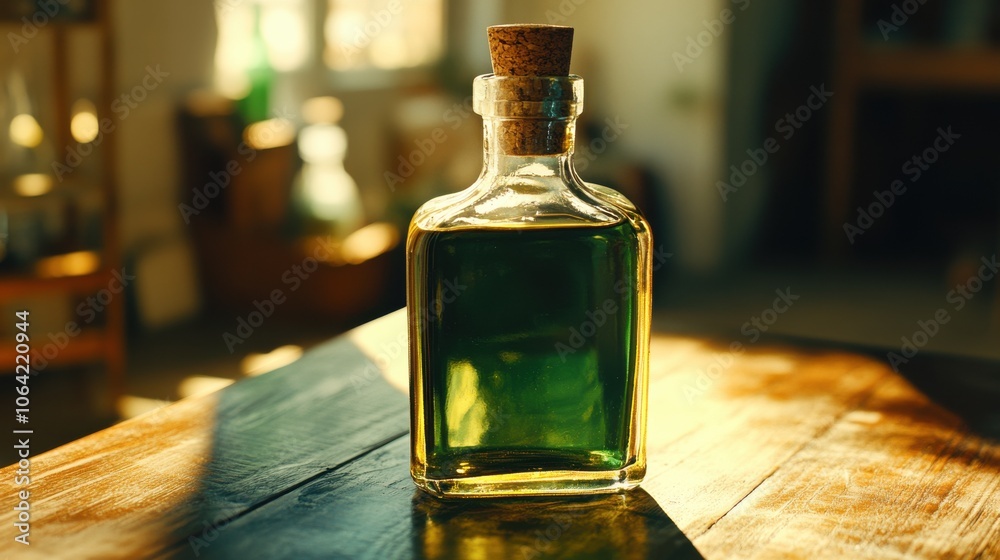 Soft morning light cascades over a glass bottle containing a vivid green liquid, creating an enchanting atmosphere on a rustic wooden table. The shadows dance gently around it. Soft morning light cascades over a glass bottle containing a vivid green liquid, creating an enchanting atmosphere on a rustic wooden table. The shadows dance gently around it.