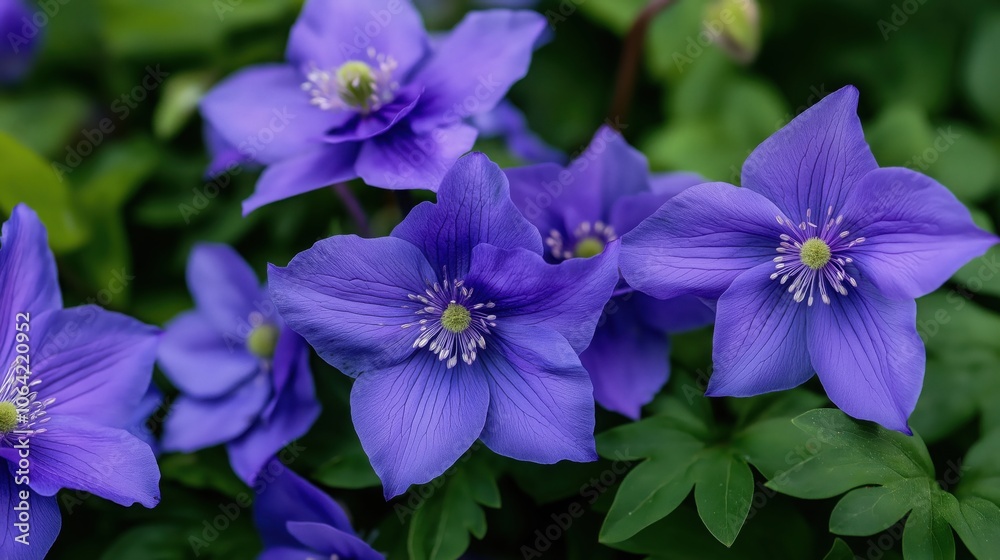Stunning close up of vibrant purple violet flowers in full bloom amid lush green foliage and plants in a serene garden setting The delicate petals and vibrant color create a peaceful romantic Stunning close up of vibrant purple violet flowers in full bloom amid lush green foliage and plants in a serene garden setting The delicate petals and vibrant color create a peaceful romantic