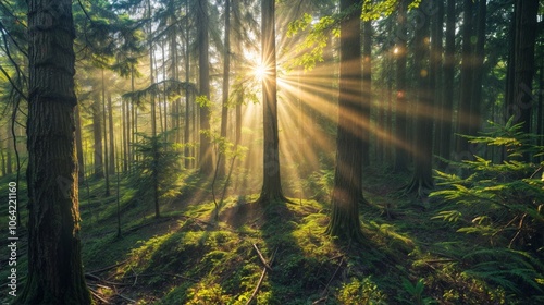 Beautiful sunbeams filter through a dense, green forest, illuminating the lush undergrowth and creating a serene, tranquil atmosphere..