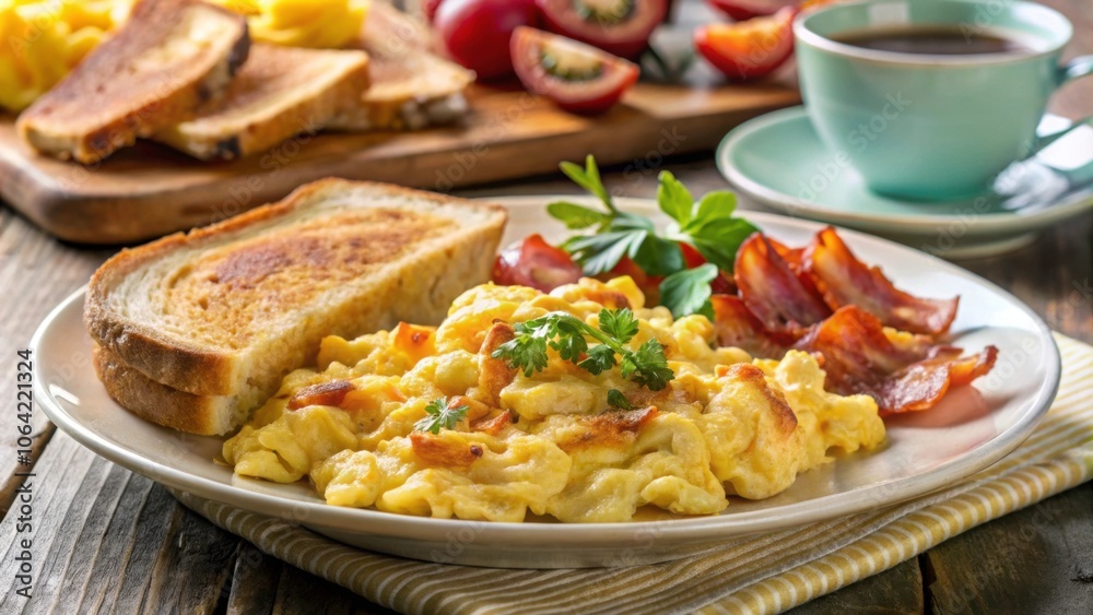Homemade American breakfast with scrambled eggs, bacon, and toast, homemade, American, breakfast, scrambled eggs, bacon Homemade American breakfast with scrambled eggs, bacon, and toast, homemade, American, breakfast, scrambled eggs, bacon