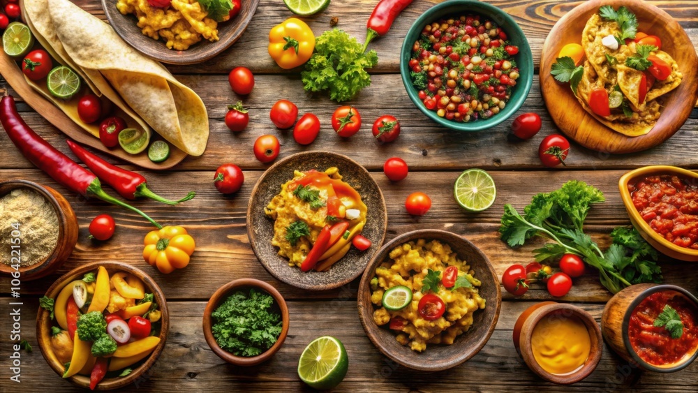 Vibrant display of Mexican cuisine on a wooden table, Mexican, cuisine, vibrant, display, wooden table, food, traditional Vibrant display of Mexican cuisine on a wooden table, Mexican, cuisine, vibrant, display, wooden table, food, traditional