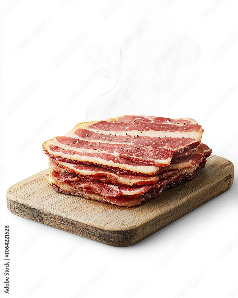 Savory stacks of crispy bacon on a wooden cutting board with steam rising Savory stacks of crispy bacon on a wooden cutting board with steam rising