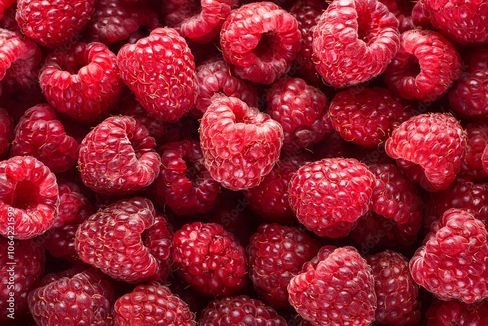 Full frame closeup of fresh ripe red healthy raspberries in pile on stall Full frame closeup of fresh ripe red healthy raspberries in pile on stall