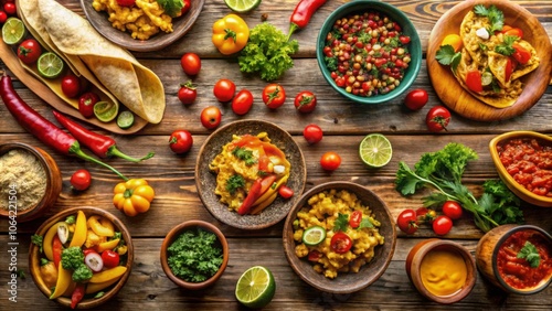 Vibrant display of Mexican cuisine on a wooden table, Mexican, cuisine, vibrant, display, wooden table, food, traditional