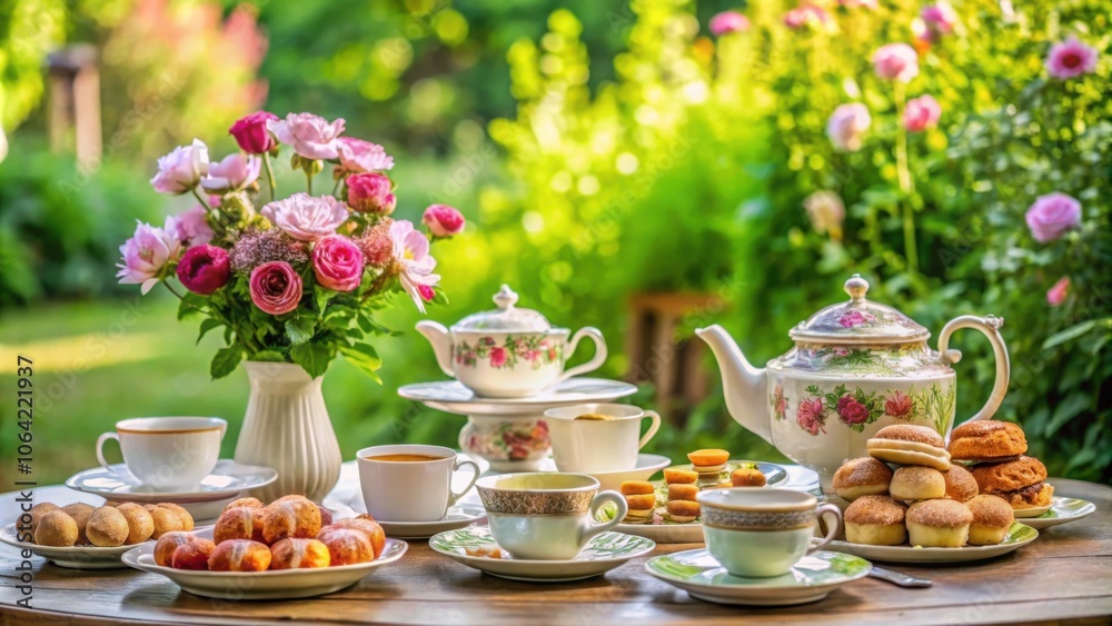 A beautiful garden set up for a charming tea party with vintage teapots, cups, saucers, and pastries, garden, tea party A beautiful garden set up for a charming tea party with vintage teapots, cups, saucers, and pastries, garden, tea party