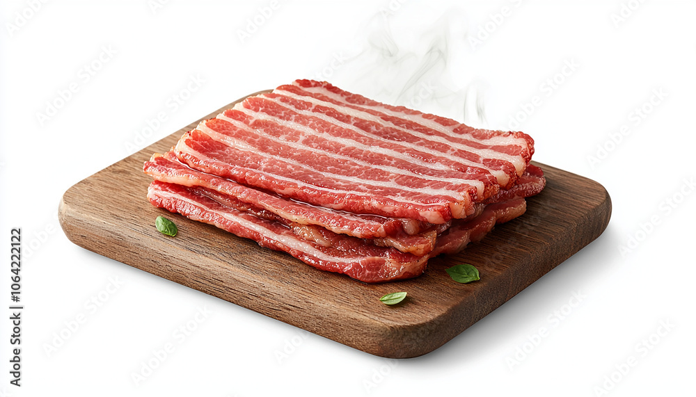 Sizzling freshly sliced bacon on a wooden board with steam rising to tempt your taste buds Sizzling freshly sliced bacon on a wooden board with steam rising to tempt your taste buds