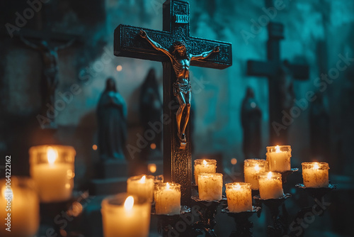 a crucifix hanging on the wall with candles below.