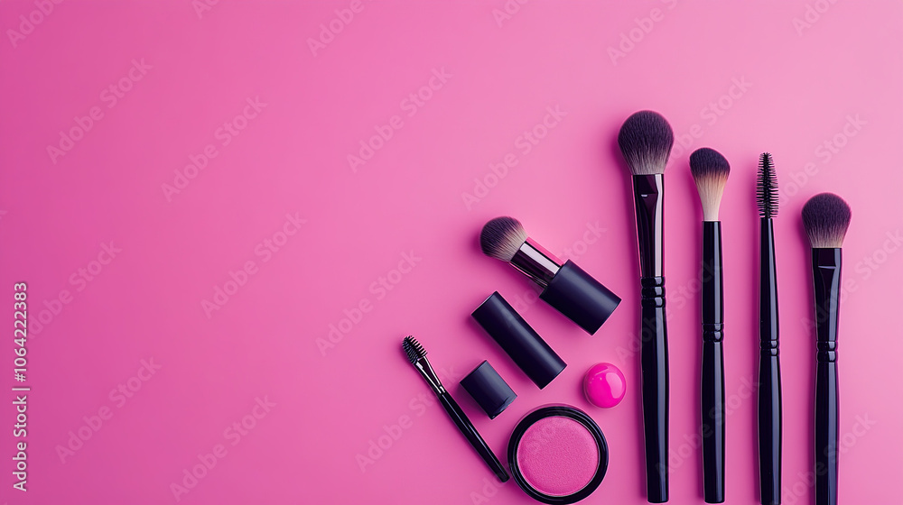 Makeup products and tools on a pink background with copy space, top view. Flat lay style Makeup products and tools on a pink background with copy space, top view. Flat lay style