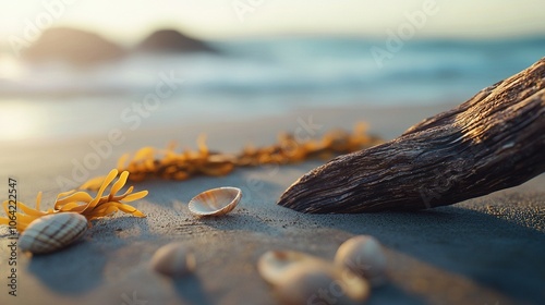   Seashells and starfish on a sandy beach with a tree branch in the foreground, and the ocean as the backdrop