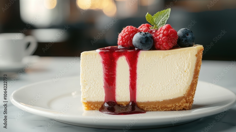A delicious slice of cheesecake topped with fresh raspberries, blueberries, and a berry sauce, resting on a white plate against a blurred background. A delicious slice of cheesecake topped with fresh raspberries, blueberries, and a berry sauce, resting on a white plate against a blurred background.