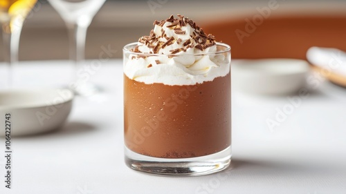 A creamy chocolate dessert topped with whipped cream and chocolate shavings, served in a glass, perfect for indulgence.