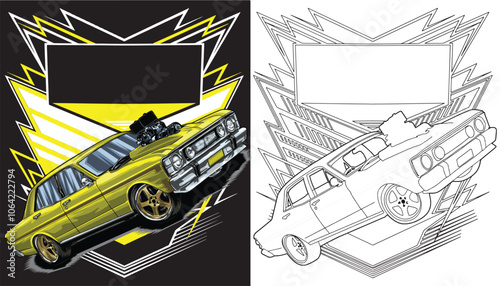 Outline yellow and painted racing car. Isolated in black background, for t-shirt design, print. and for business purposes.