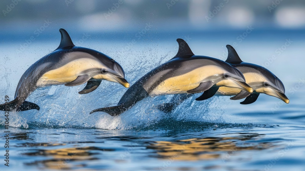 Obraz premium Playful Dolphins Jumping Above Water Surface