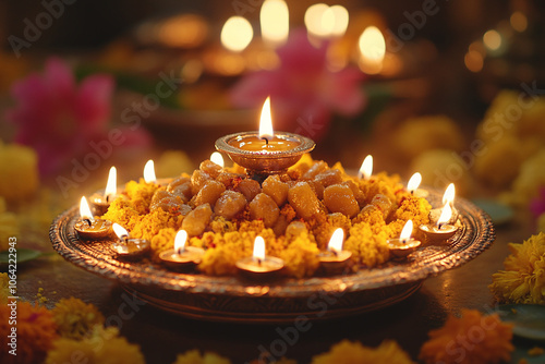 an ornate puja thali (plate) with diya and sweets. photo